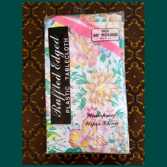 Vintage Other - Vintage 90s Watercolor Floral Print Pink Ruffle 60” Round Plastic Tablecloth NIP